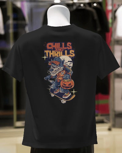 Black t-shirt with a graphic design on the back, featuring text and a cartoon character, displayed on a mannequin.